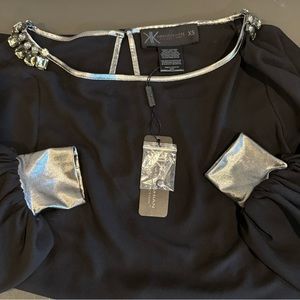 NWT Kardashian Kollection Black Blouse XS Gemstones Tunic Sleeve Detail